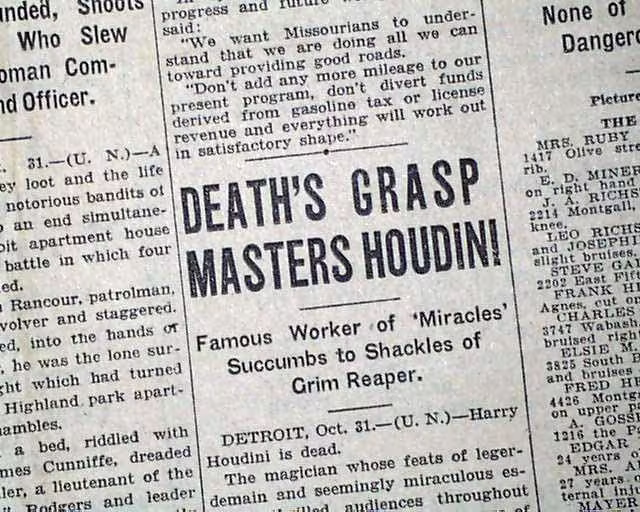 Amerykańskie gazety donoszą o śmierci Harry’ego Houdiniego. Iluzjonista zmarł 31 października 1926 roku w Detroit, w wieku 52 lat. Na zdjęciu wycinki z „San Francisco Chronicle” i „Long Beach Press-Telegram”. Źródło: McManus-Young Collection / Library of Congress.