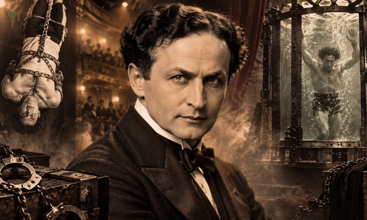 Harry Houdini, legendarny mistrz ucieczek, zmarł 31 października 1926 roku. Sto lat później jego historia nadal fascynuje. Grafika ilustracyjna wygenerowana przy użyciu AI / Wbijamszpile.pl.