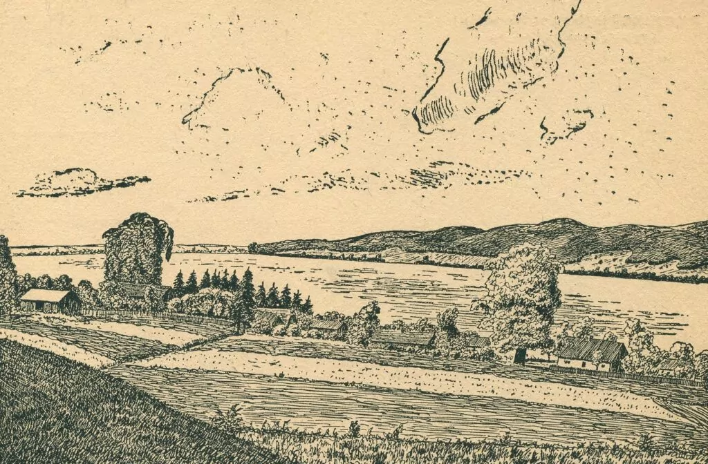 Jezioro Żarnowiec w latach 40. XX w. - widok na zbiornik od strony miejscowości Nadole.