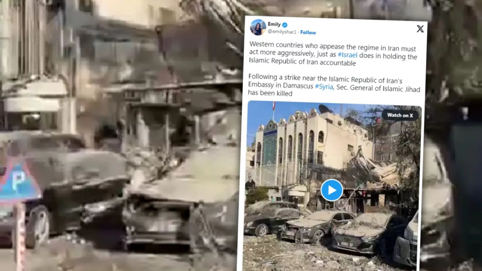 Nalot Izraela na konsulat Iranu w Damaszku (FOTO: X/@emilyshar1)