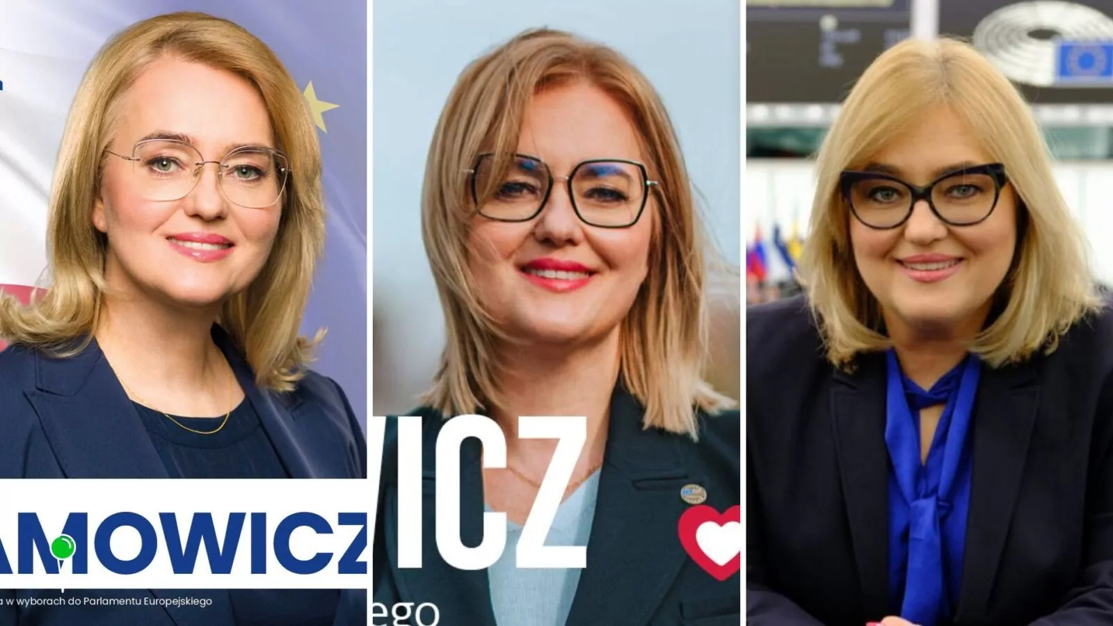 Trzy różne wydania Magdaleny Adamowicz z kampanii do PE (FOTO: Facebook/Magdalena Adamowicz)