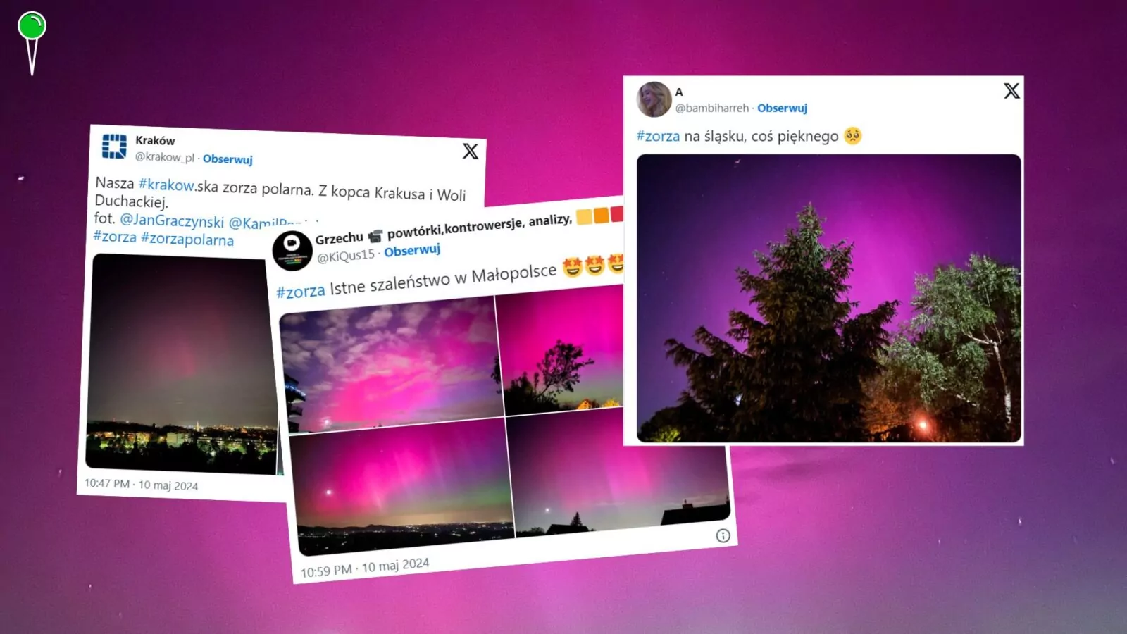10 maja 2024 roku polskie niebo rozświetliła zorza polarna, zjawisko niezwykle rzadkie i wyjątkowe na tej szerokości geograficznej (FOTO: X)