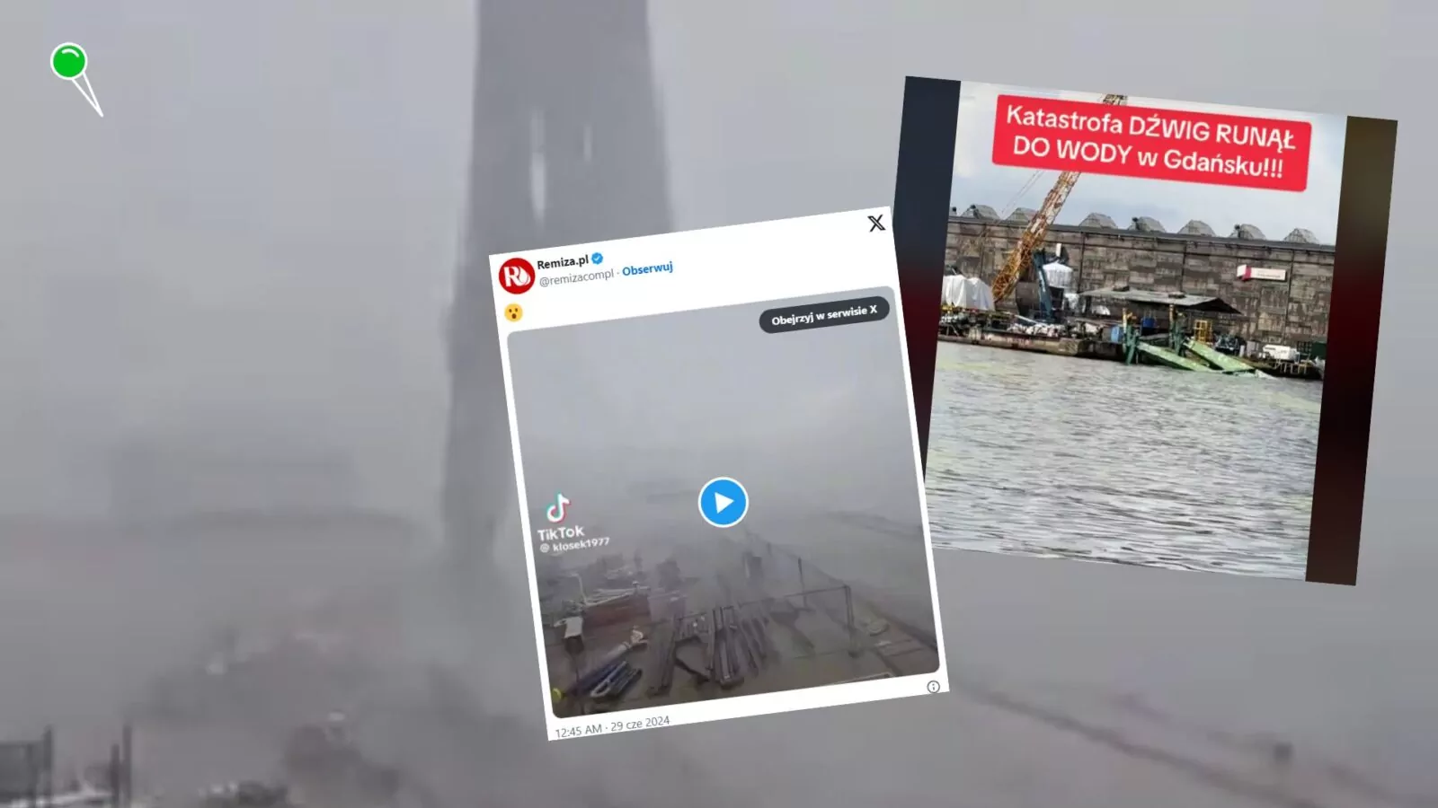 Dźwig stoczniowy wpadł do kanału żeglugowego [NAGRANIE] (FOTO: TikTok)