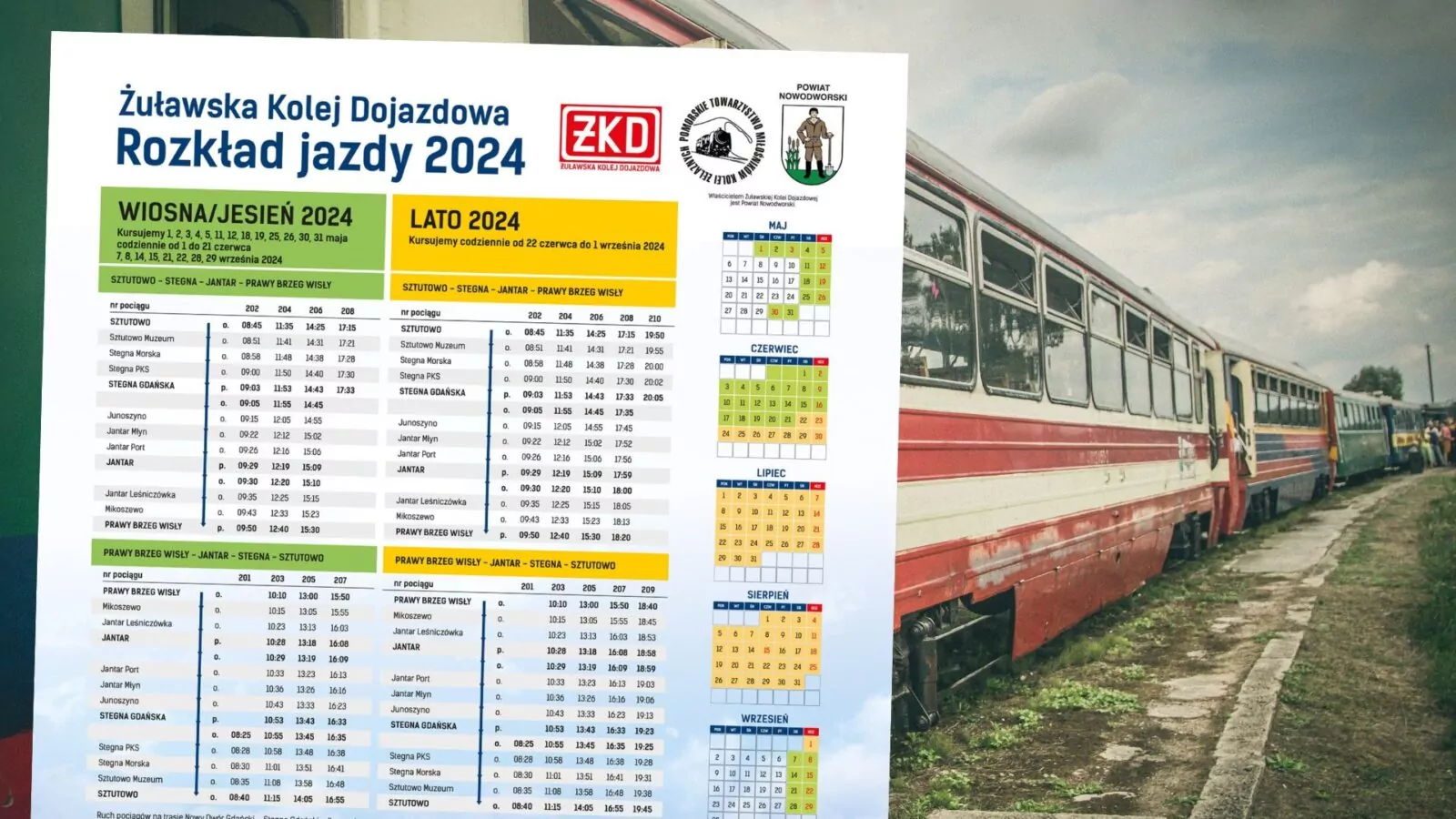 Żuławska Kolej Dojazdowa. Nowy rozkład jazdy - wakacje 2024 (FOTO: ŻKD/canva.com)