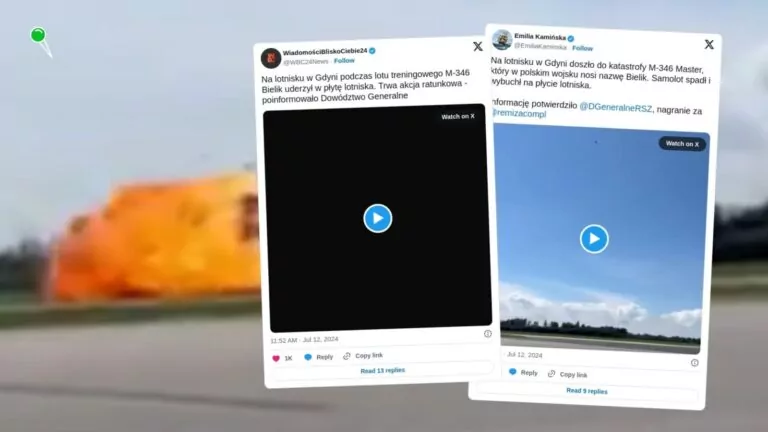 Katastrofa lotnicza w Gdyni. M-346 Bielik uderzył w płytę lotniska (FOTO: Emilia Kamińska/X)