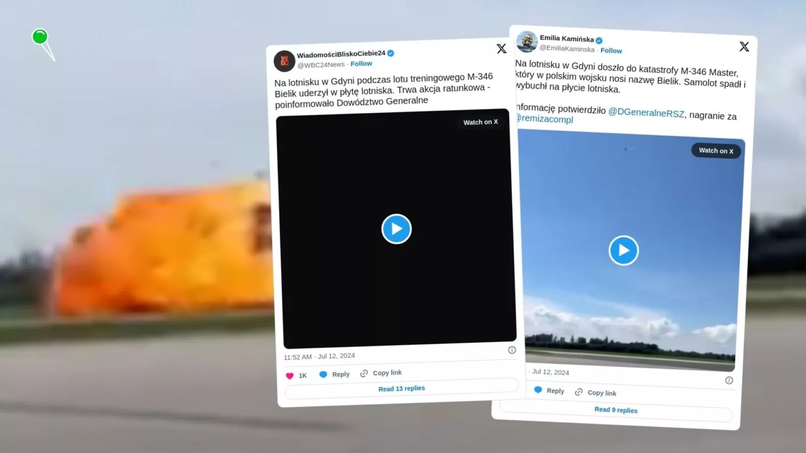Katastrofa lotnicza w Gdyni. M-346 Bielik uderzył w płytę lotniska (FOTO: Emilia Kamińska/X)
