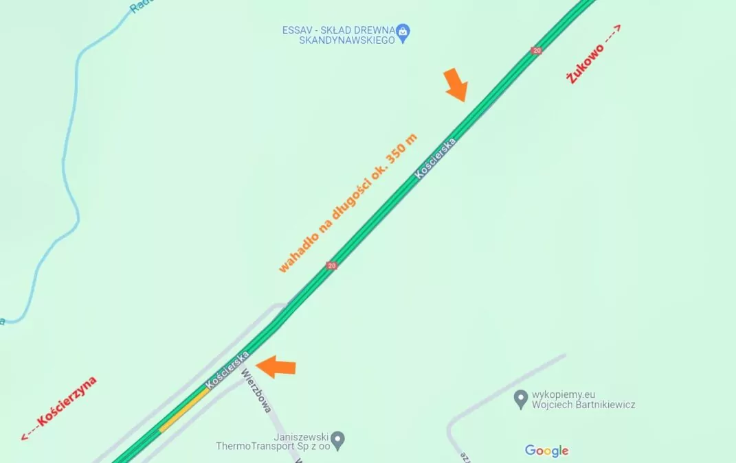 Ruch wahadłowy na DK20 pod Żukowem do końca roku (FOTO: Google Maps/GDDKiA)