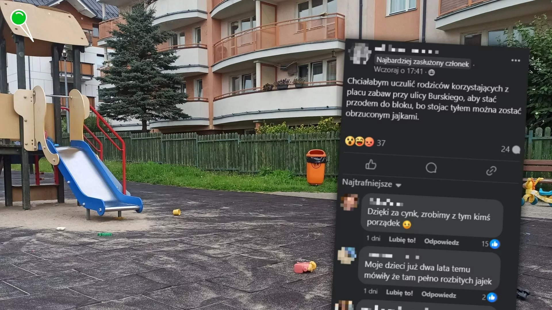 Plac zabaw w Gdańsku pod ostrzałem. Tu butelki i jaja spadają na dzieci (FOTO: czytelnik/Facebook.com)