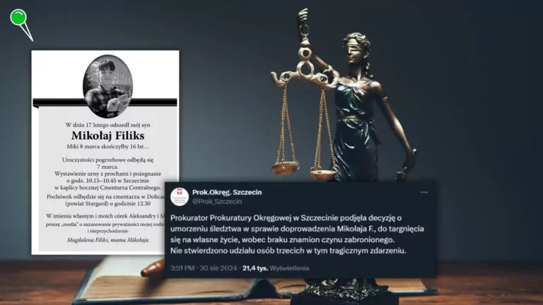 Prokuratura Okręgowa w Szczecinie umorzyła śledztwo dotyczące tragicznej śmierci Mikołaja F. - syna posłanki KO - młodego człowieka (FOTO: materiały publiczne/X/canva.com)