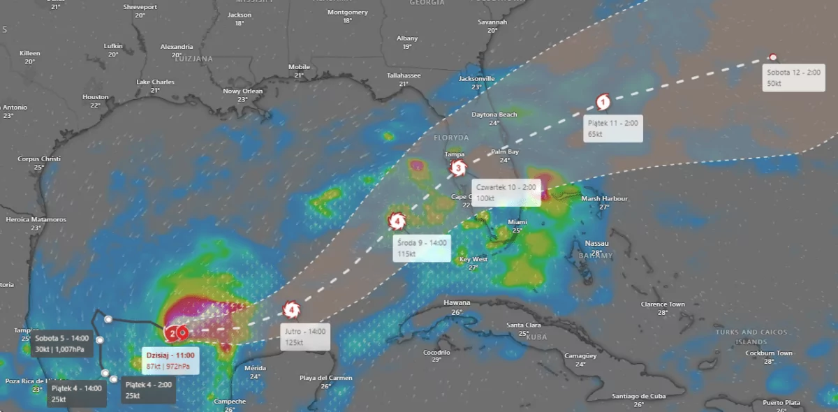 Huragan Milton zbliża się do Florydy. Poważne zagrożenie sztormem (FOTO: windy.com)