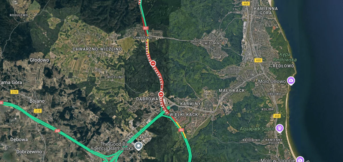 Obwodnica Trójmiasta zablokowana. Wywrócona ciężarówka z cementem (FOTO: Google Maps)