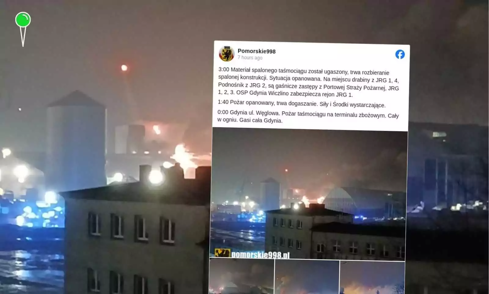Nocny pożar nad magazynem w Gdyni – trwa dogaszanie (FOTO: pomorskie998)
