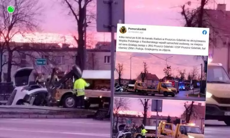 Samochód wpadł do kanału Raduni w Pruszczu Gdańskim (FOTO: Pomorskie998/FB)