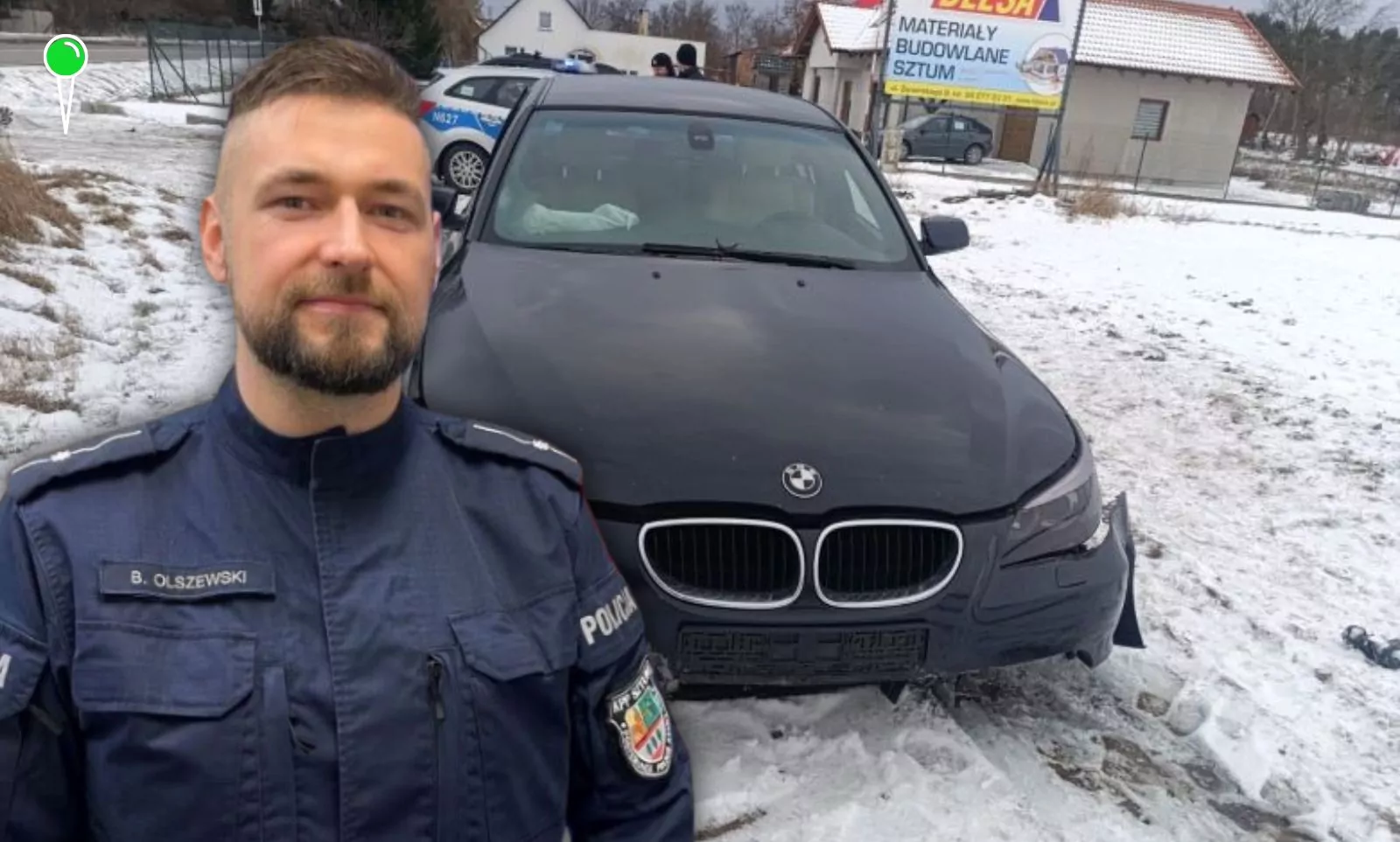 Policjant ze Sztumu pomógł kobiecie po dachowaniu autem (FOTO: KPP Sztum)