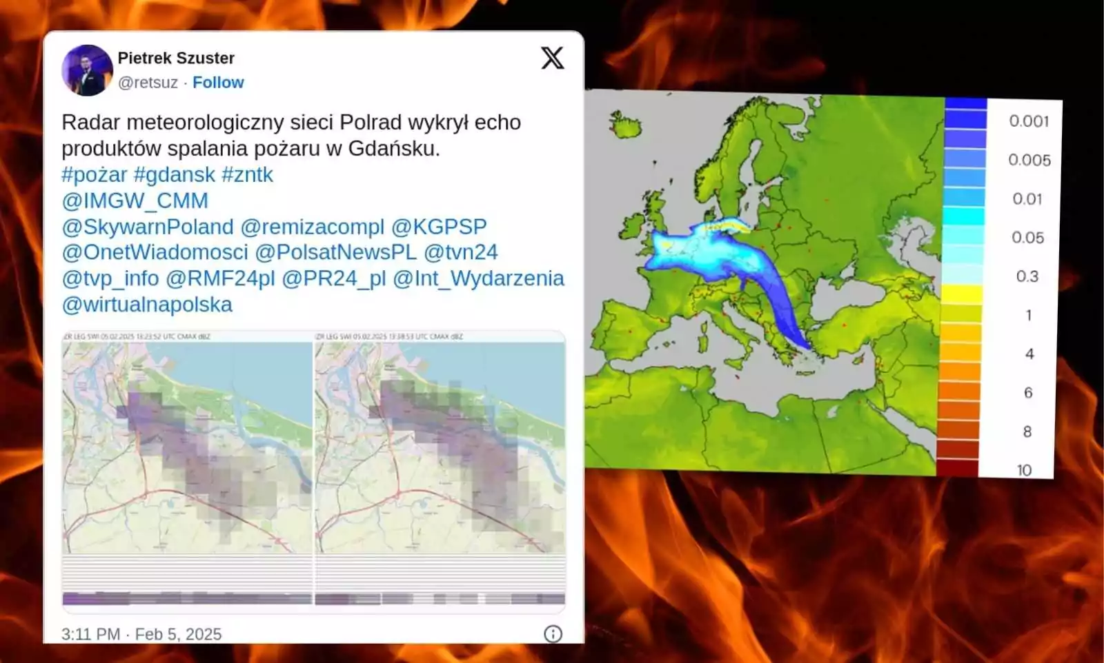 Dym z pożaru na gdańskiej Przeróbce ma ogromny zasięg (FOTO: X/IMGW/canva)