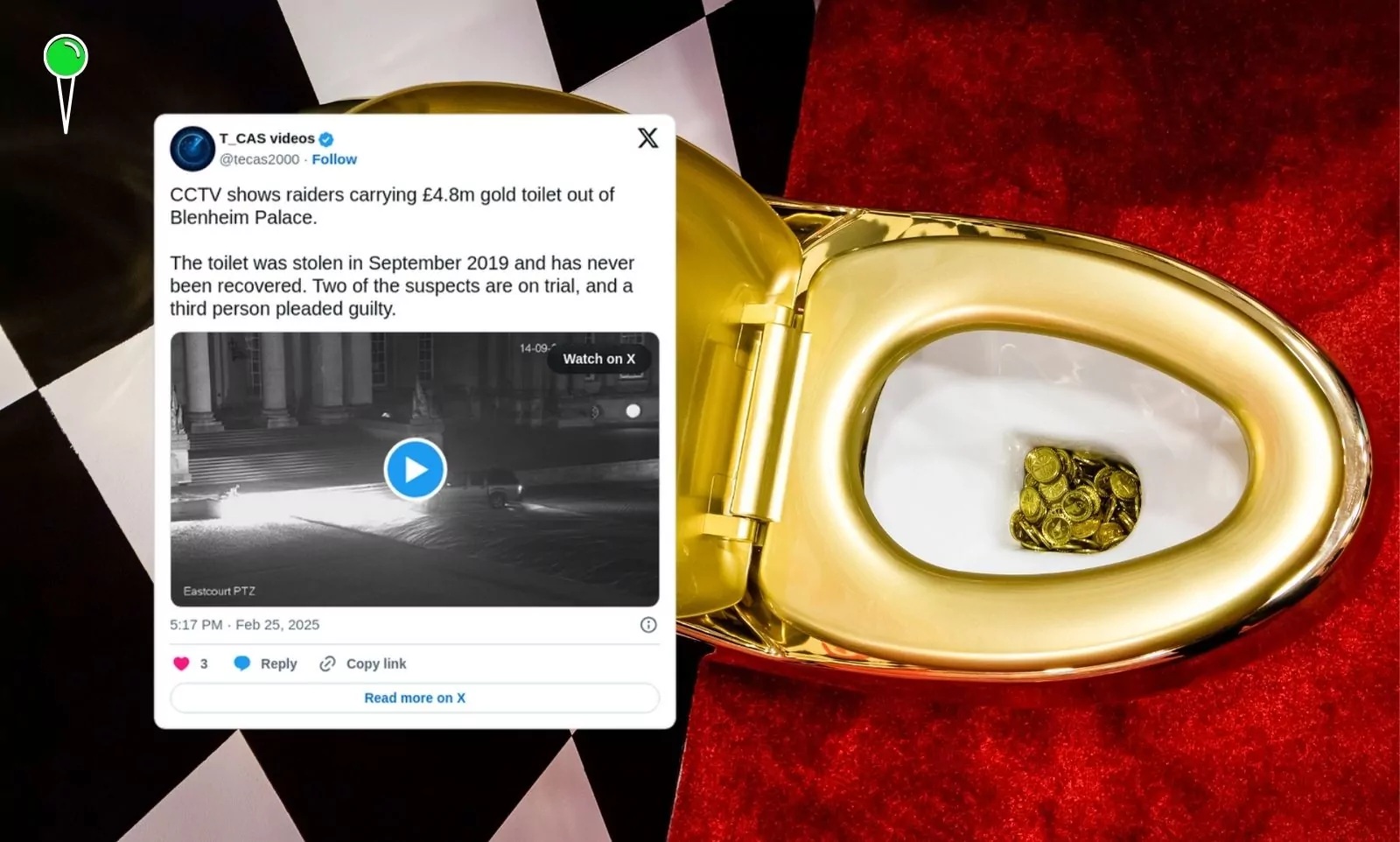W sądzie zaprezentowano nagrania z monitoringu pokazujące moment kradzieży złotej toalety wartej 4,8 mln funtów (FOTO: canva)