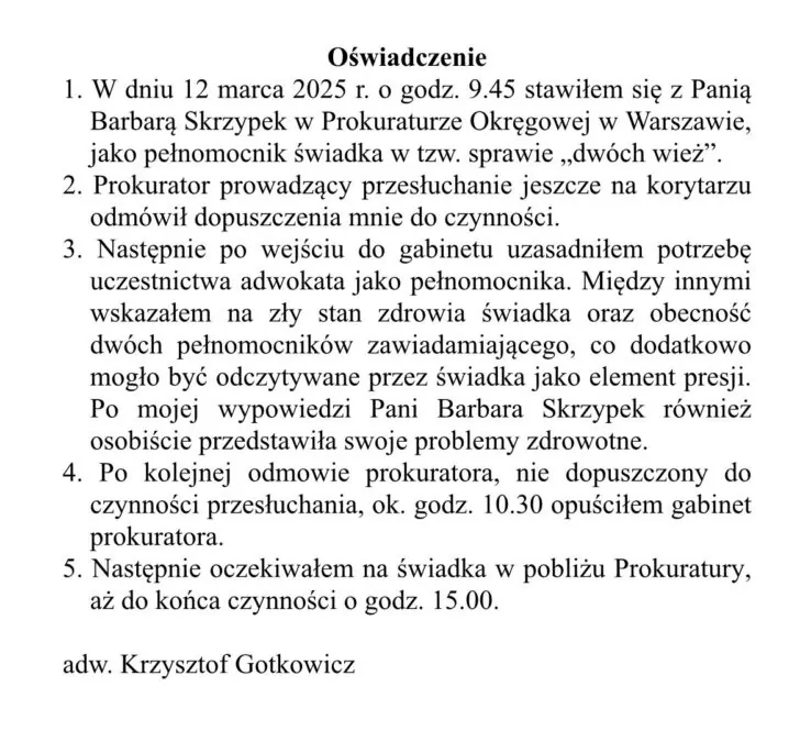 Pełnomocnik Barbary Skrzypek: prokurator odmówił mi udziału.