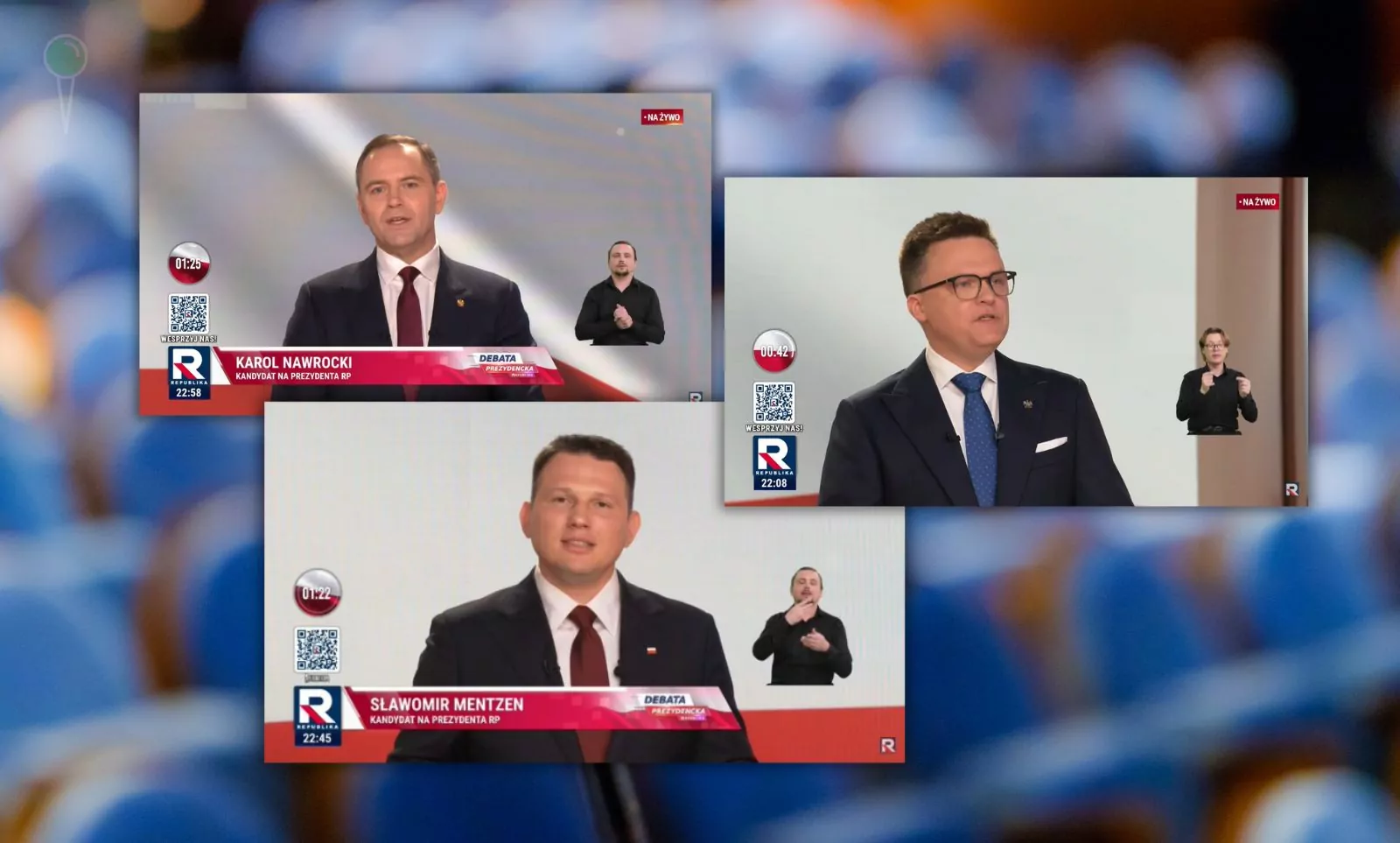Mentzen vs. Hołownia i tekturowy Trzaskowski. Debata w Republice (FOTO: Republika TV/X)