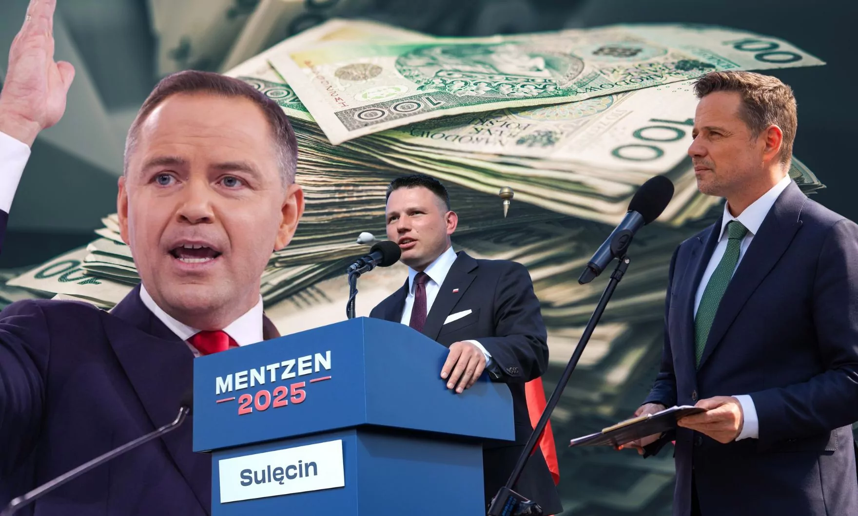 Pieniądze płyną do Trzaskowskiego, Mentzena i Nawrockiego (FOTO: FB/canva)