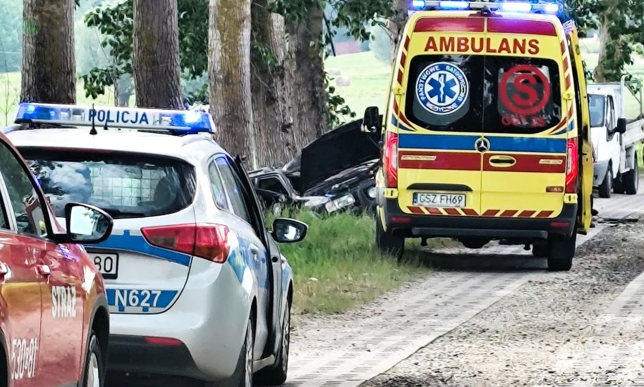 Śmiertelny wypadek koło Sztumu. Opel uderzył w drzewo (FOTO: OSP Postolin)
