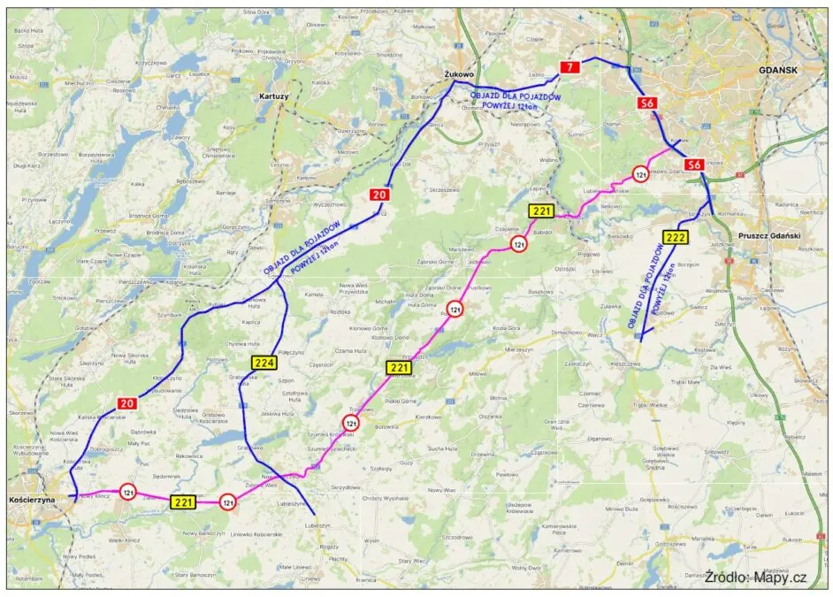 Zakaz ruchu dla ciężarówek między Gdańskiem a Kościerzyną (FOTO: ZDW Gdańsk)