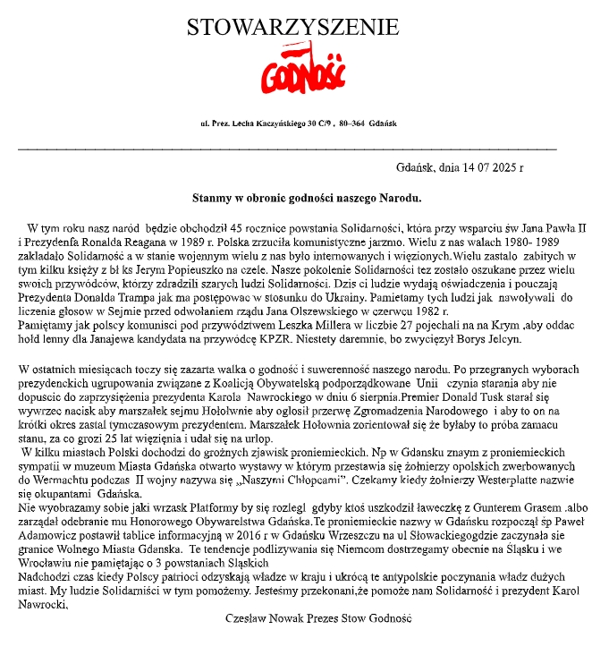 45. rocznica powstania „Solidarności”. Nowak: zagrożona jest godność narodu