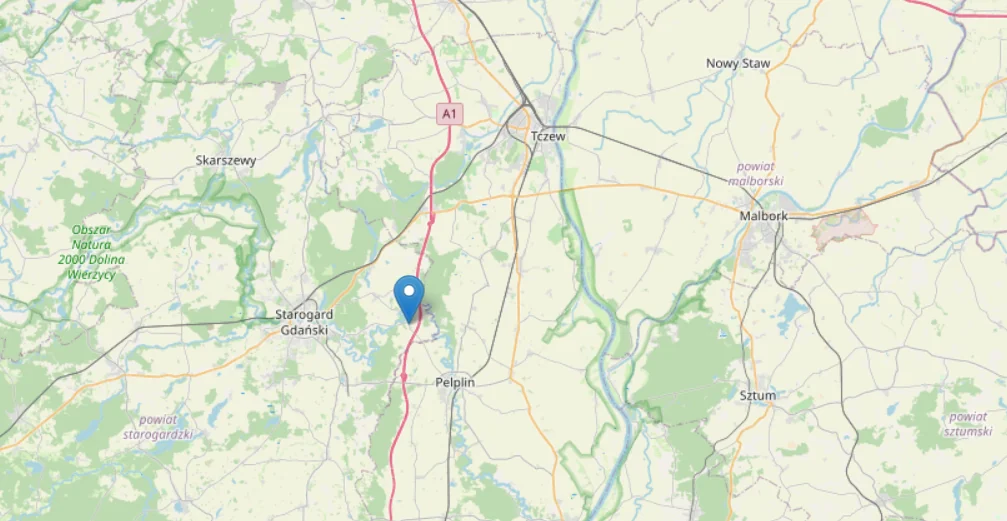 Dachowanie na autostradzie A1 w Klonówce. Ranne dwie osoby - miejsce wypadku (FOTO: streetmap)