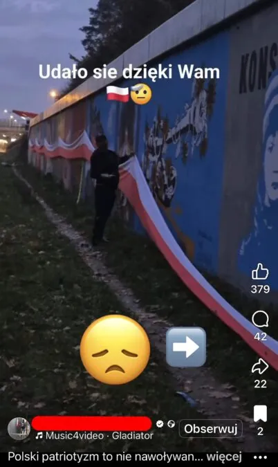 PKM-ka ściga mężczyzn po rozwieszeniu polskiej flagi na pro-ukraińskim muralu (FOTO: PKM S.A.)