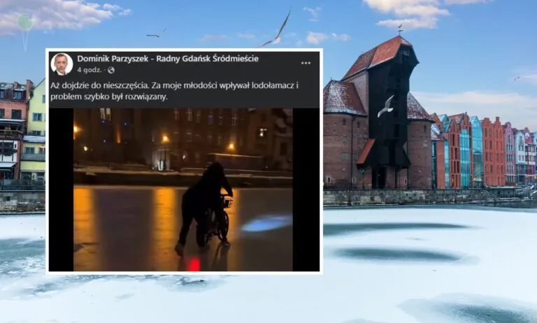 Rowerem Mevo po skutej lodem Motławie. Jest nagranie z nocnego ekscesu (FOTO: canva/FB)