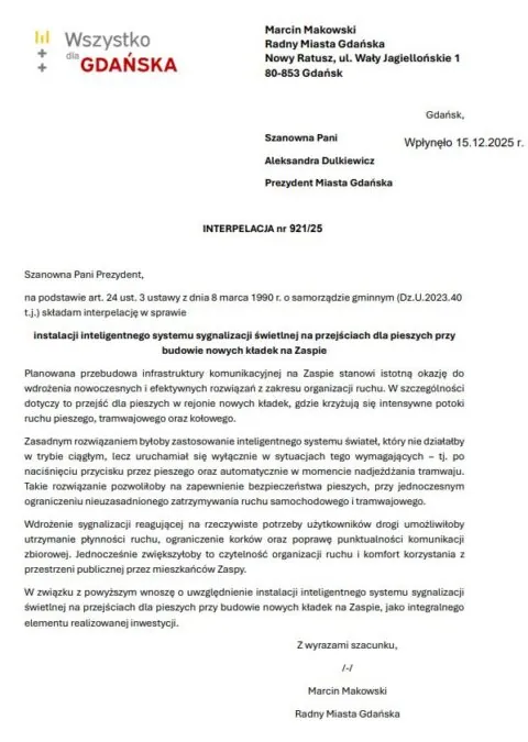 Interpelacja Marcina Makowskiego (mat. gdansk.pl)