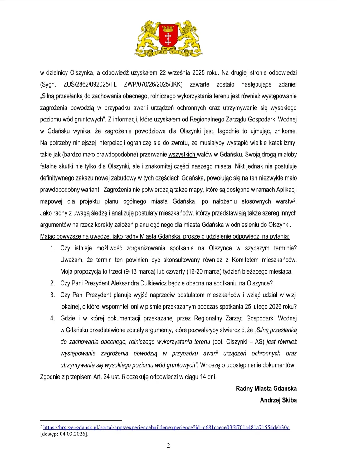 Treść interpelacji radnego PiS, Andrzeja Skiby.