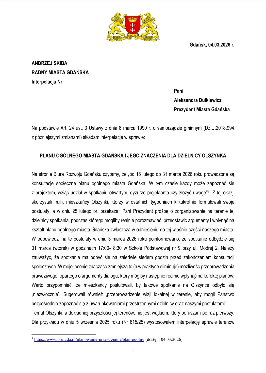 Treść interpelacji radnego PiS, Andrzeja Skiby.