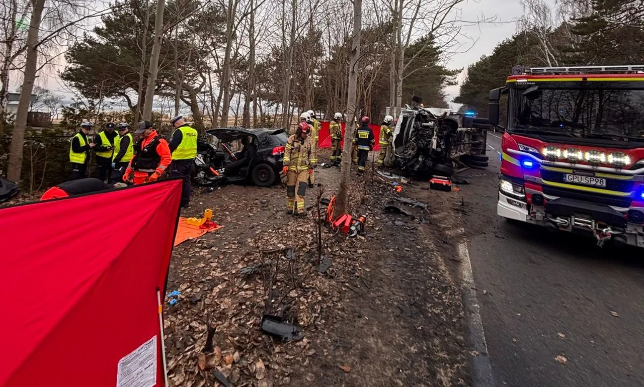 Wypadek w Chałupach. Nie żyje jedna osoba (FOTO: Straż Pożarna)