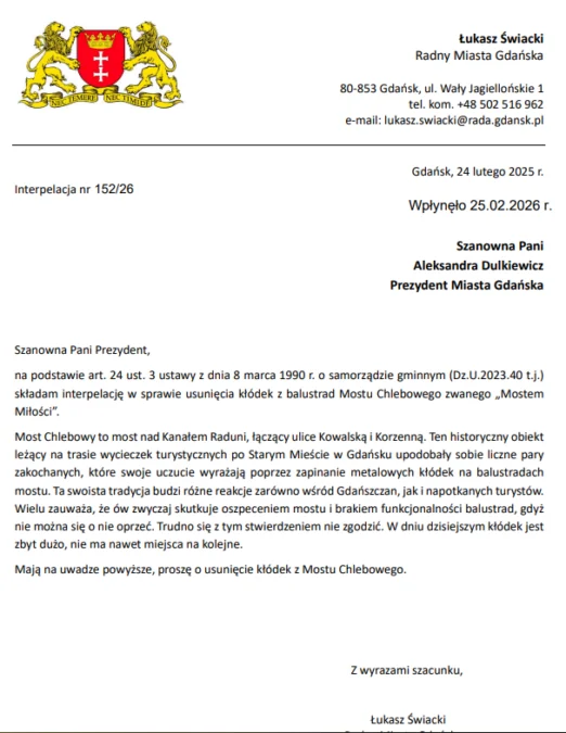 Interpelacja radnego Łukasza Świackiego. (FOTO: Łukasz Świacki/FB)