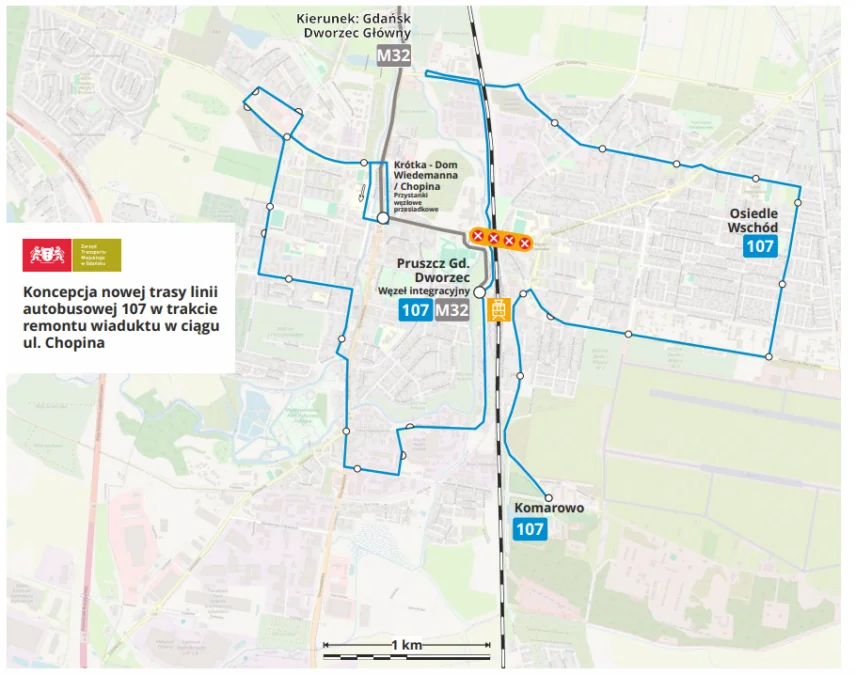 Trasa autobus nr 107 w Pruszczu Gdański do konsultacji (mat. Pruszcz Gdański)
