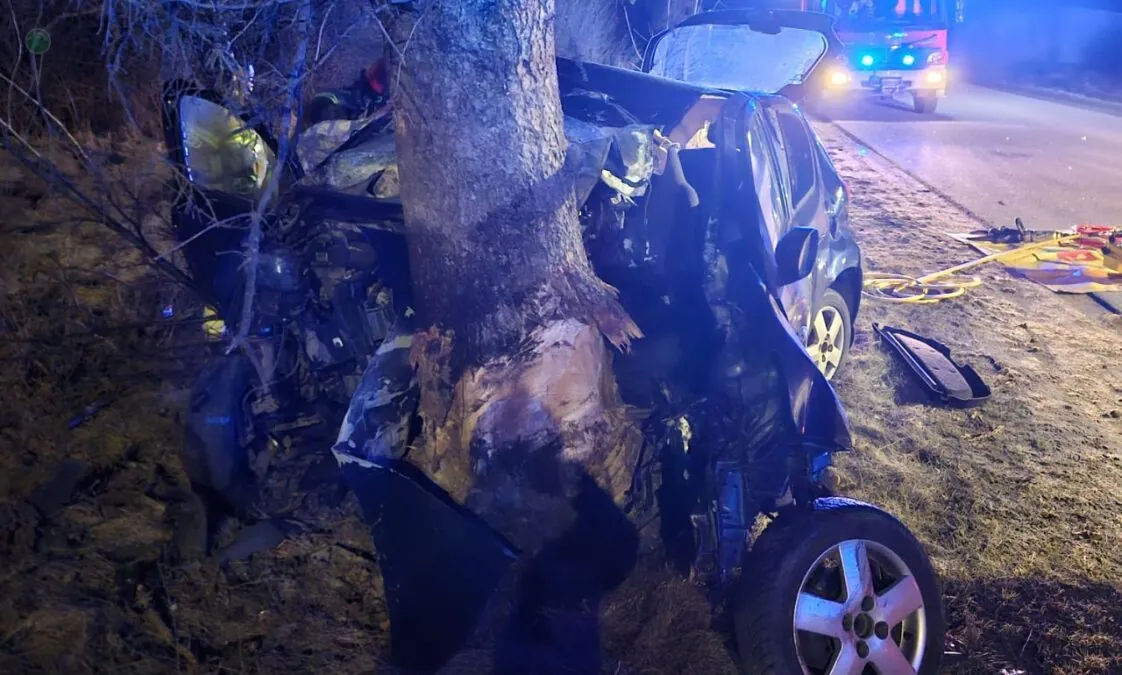 Nocny wypadek w Łubianie. 18-latek zginął na miejscu (FOTO: PSP Kościerzyna)