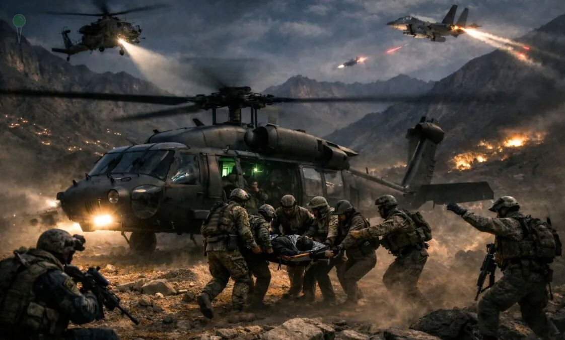 Myśliwiec F-15E zestrzelony nad Iranem. Inscenizacja akcji ratunkowej widziana przez AI. 