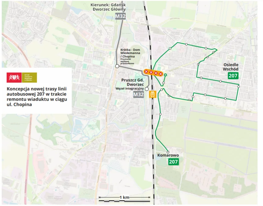 Trasa autobus nr 207 w Pruszczu Gdański do konsultacji (mat. Pruszcz Gdański)