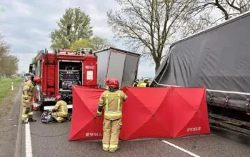 Wypadek ciężarówek w Cisach. Droga Malbork - Tczew całkowicie zablokowana (FOTO: sekc. Patryk Kleina/KPPSP Malbork)