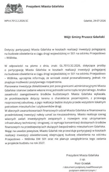 Pismo Piotra Grzelaka do wójt gminy Pruszcz Gdański.